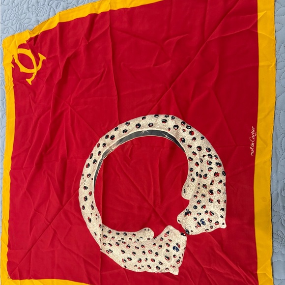 Cartier Accessories - Cartier(Les Must de Cartier) vintage Silk Red & Yellow Leopard Accent Scarf